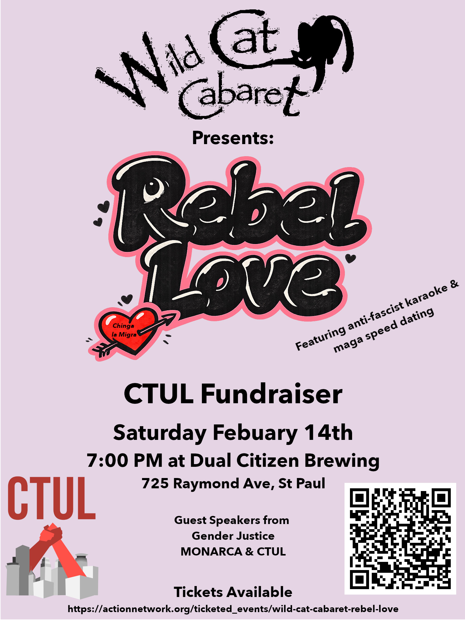 Rebel Love show flyer with a red background and a black and white image of a couple embracing. Text of the flyer reads: Rebel Love, A Cabaret about Revolution and Romance, February 14-16, 2025, The Southern Theater, Minneapolis, MN. Wild Cat Cabaret presents. Featuring original songs and sketches by Wild Cat Cabaret members.